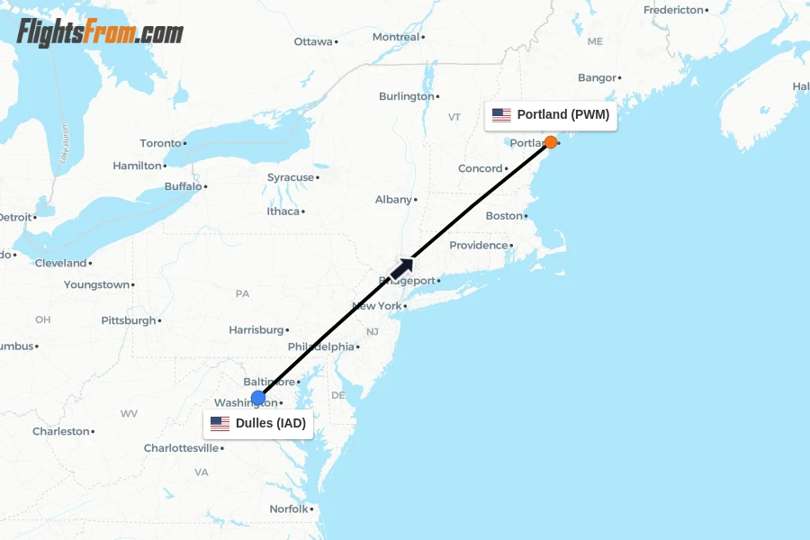 Flights from Dulles to Portland route map