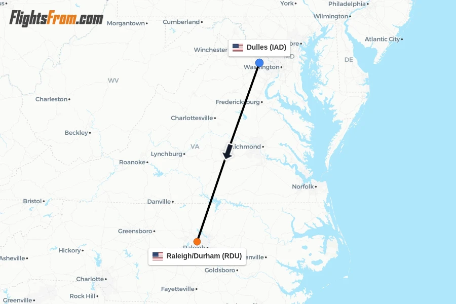 Flights from Dulles to Raleigh/Durham route map