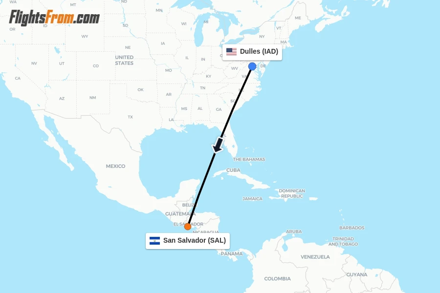 Flights from Dulles to San Salvador route map