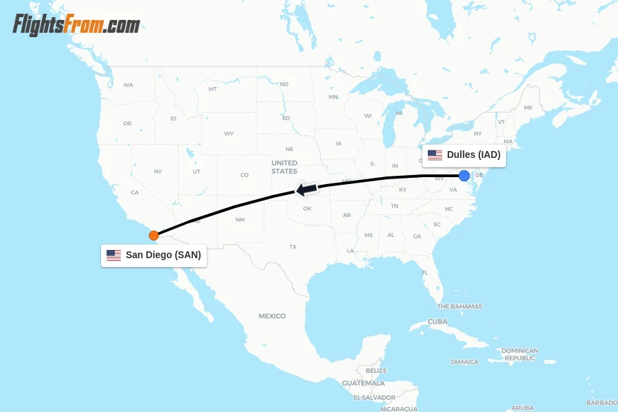 Flights from Dulles to San Diego route map
