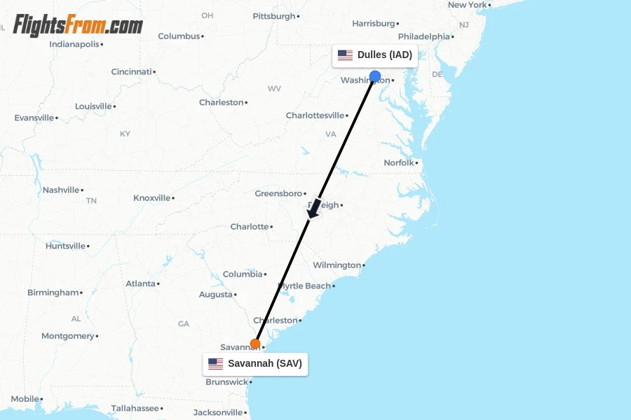 Flights from Dulles to Savannah route map