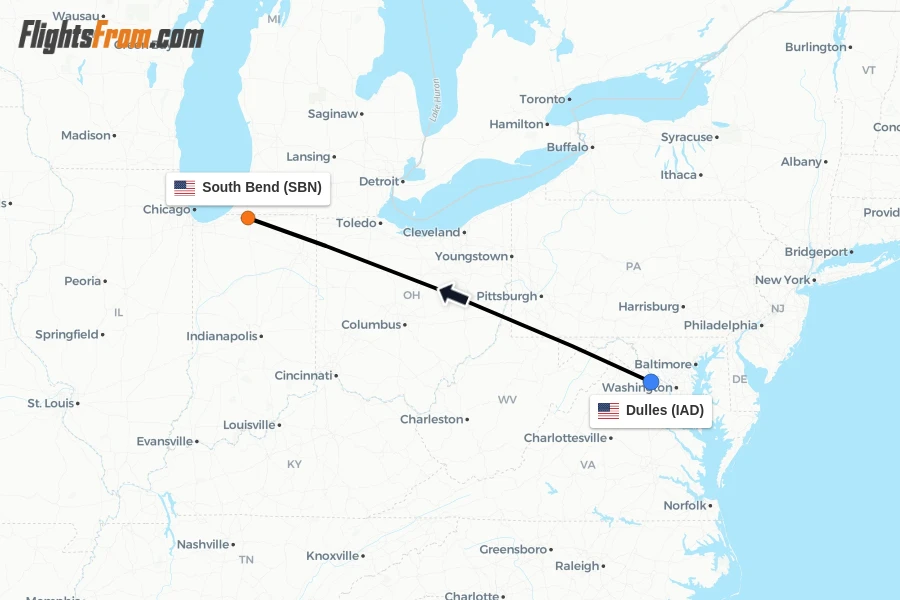 Flights from Dulles to South Bend route map