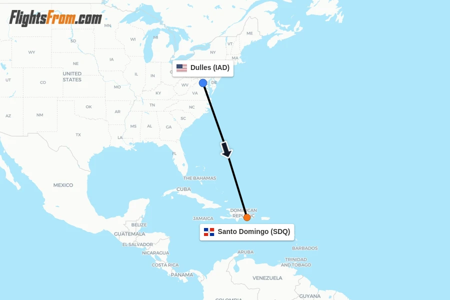Flights from Dulles to Santo Domingo route map