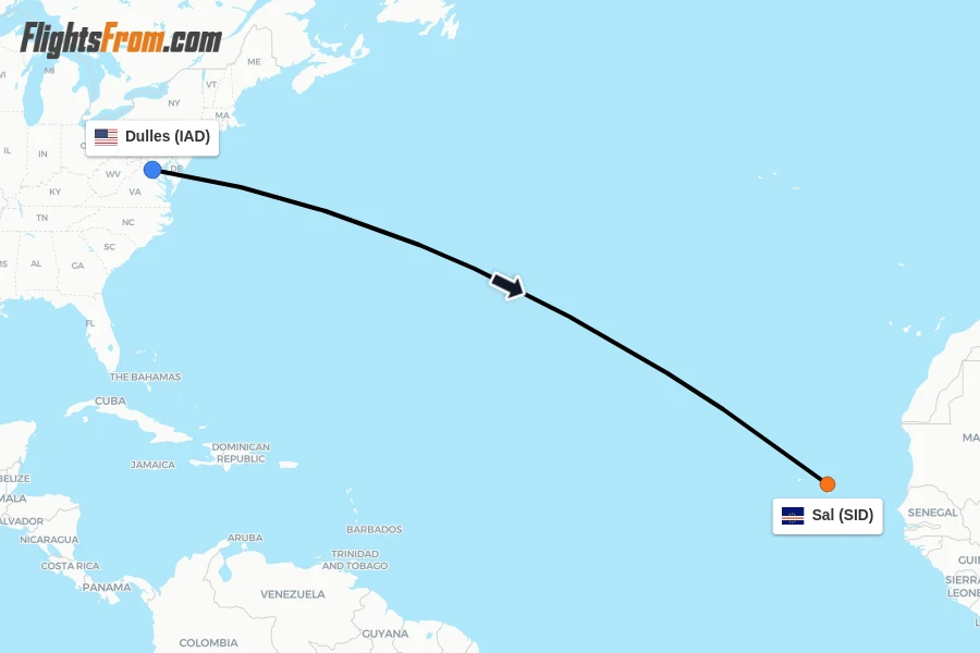 Flights from Dulles to Sal route map