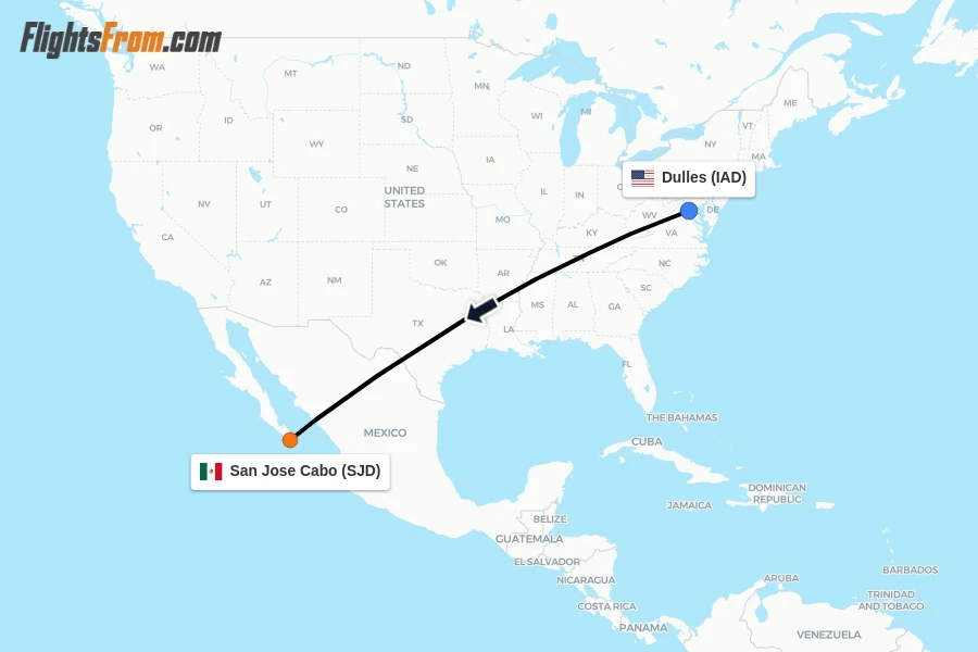 Flights from Dulles to San Jose Cabo route map
