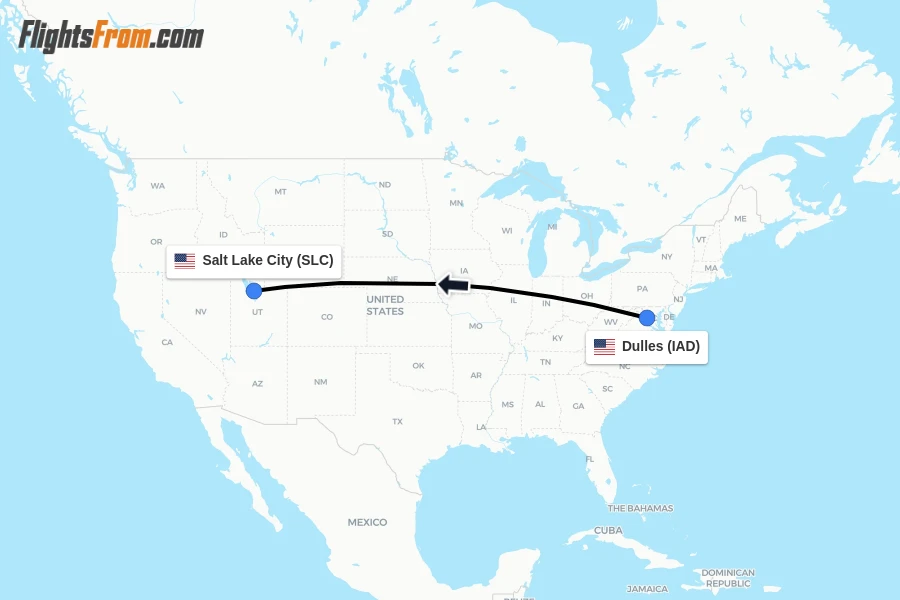 Flights from Dulles to Salt Lake City route map