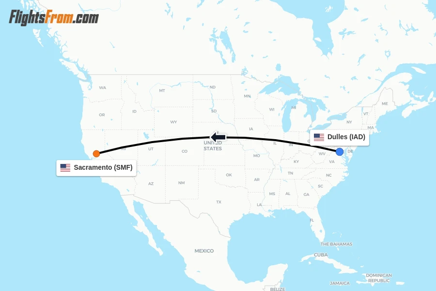 Flights from Dulles to Sacramento route map