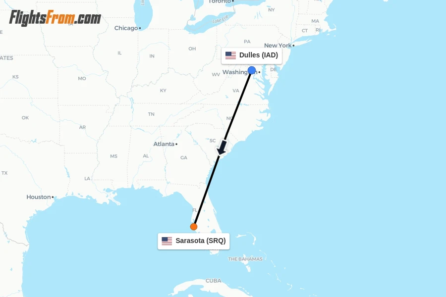 Flights from Dulles to Sarasota route map
