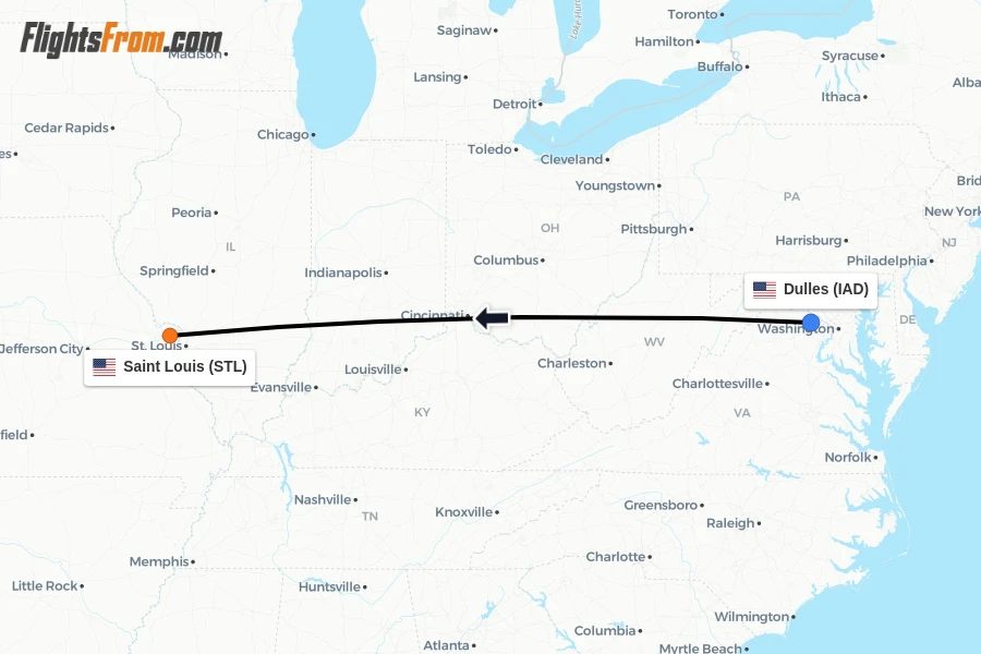 Flights from Dulles to Saint Louis route map