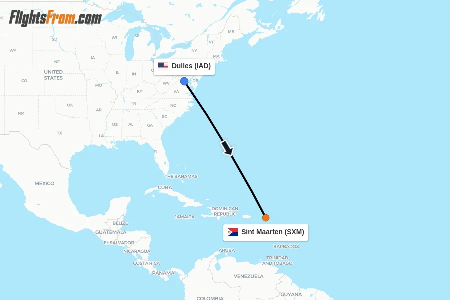 Flights from Dulles to Sint Maarten route map