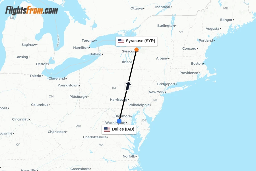 Flights from Dulles to Syracuse route map