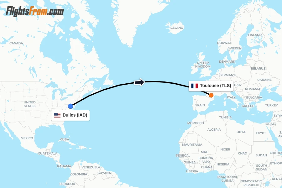 Flights from Dulles to Toulouse route map