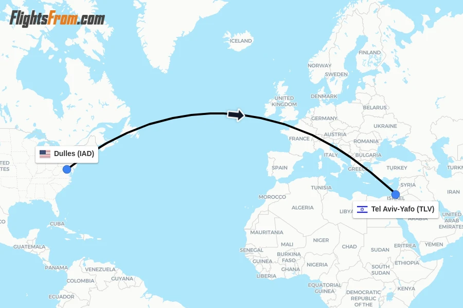 Flights from Dulles to Tel Aviv-Yafo route map