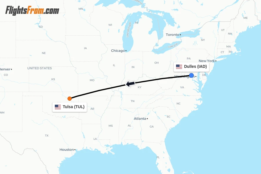 Flights from Dulles to Tulsa route map