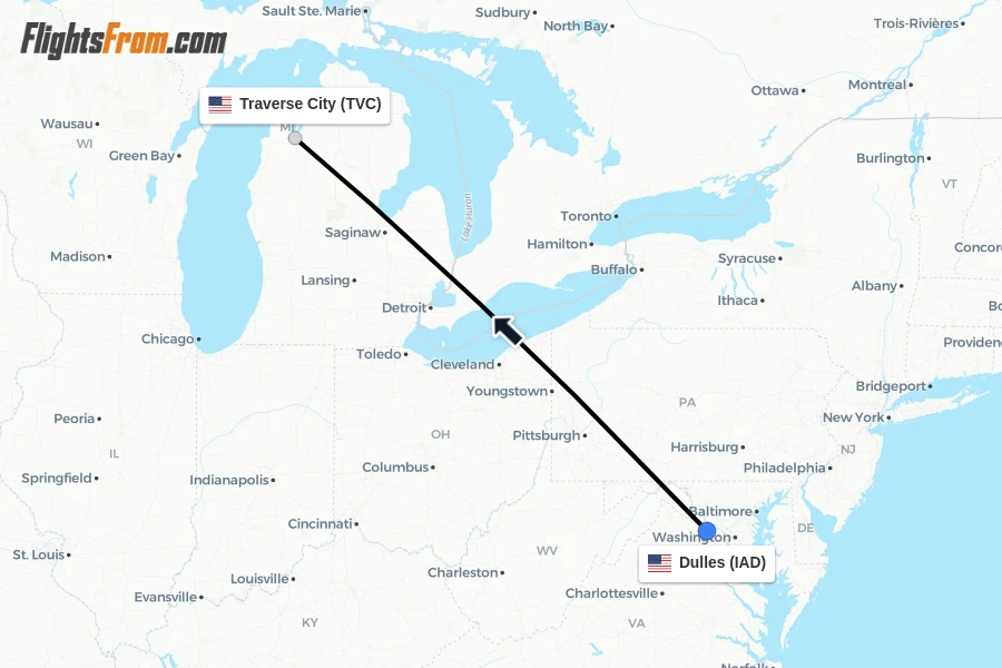 Flights from Dulles to Traverse City route map