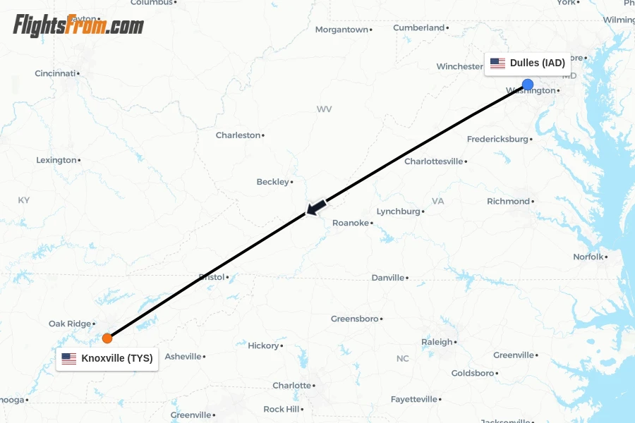 Flights from Dulles to Knoxville route map