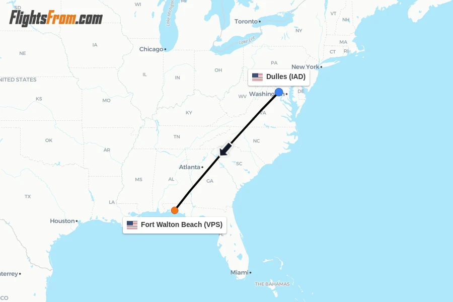 Flights from Dulles to Fort Walton Beach route map