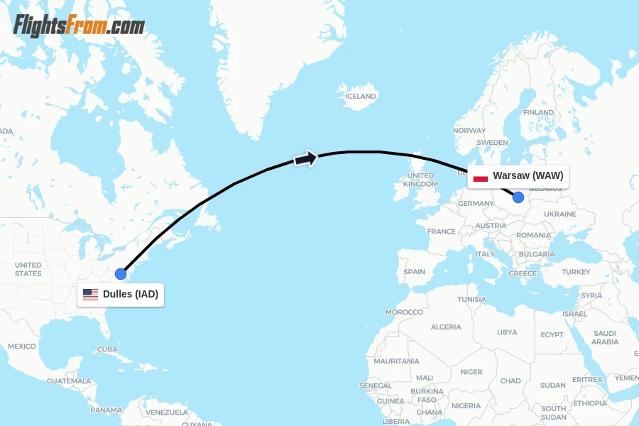 Flights from Dulles to Warsaw route map