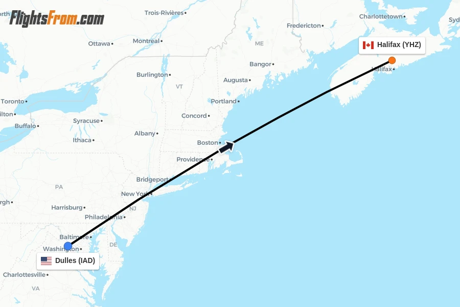 Flights from Dulles to Halifax route map