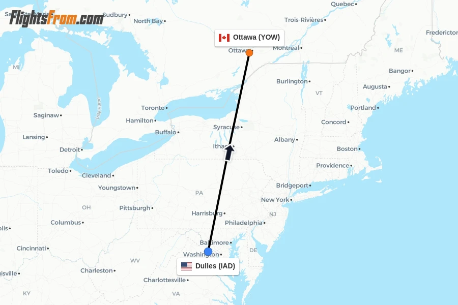 Flights from Dulles to Ottawa route map