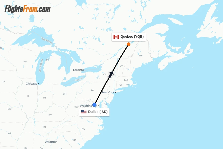 Flights from Dulles to Quebec route map