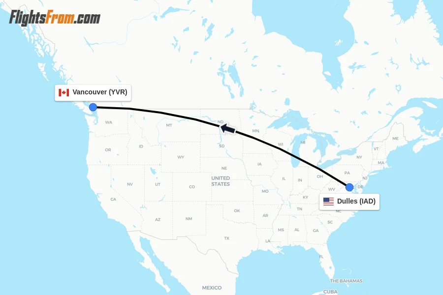 Flights from Dulles to Vancouver route map
