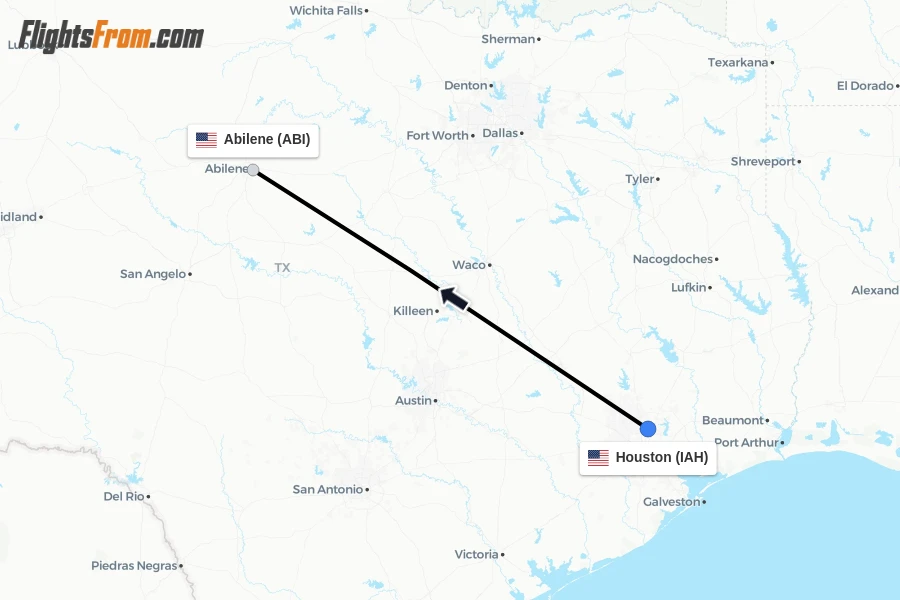 Flights from Houston to Abilene route map