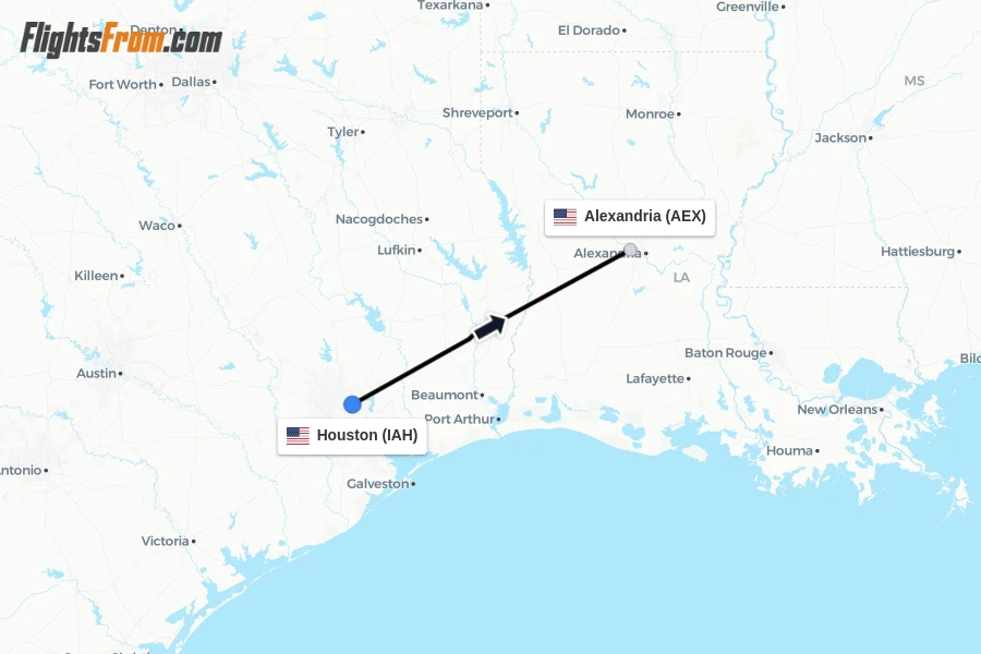 Flights from Houston to Alexandria route map