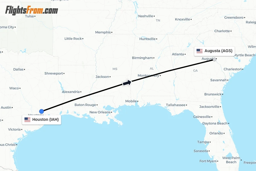 Flights from Houston to Augusta route map