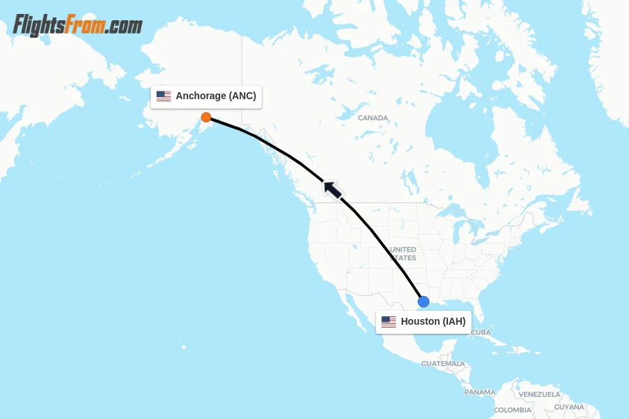 Flights from Houston to Anchorage route map