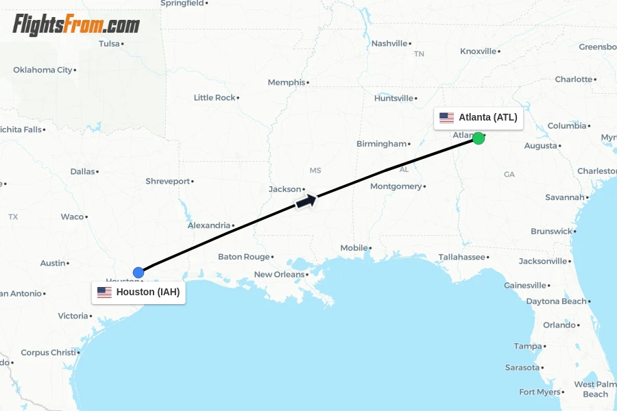 Flights from Houston to Atlanta route map