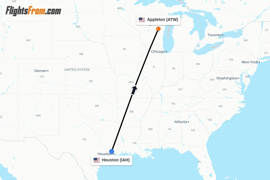 Flights from Houston to Appleton route map