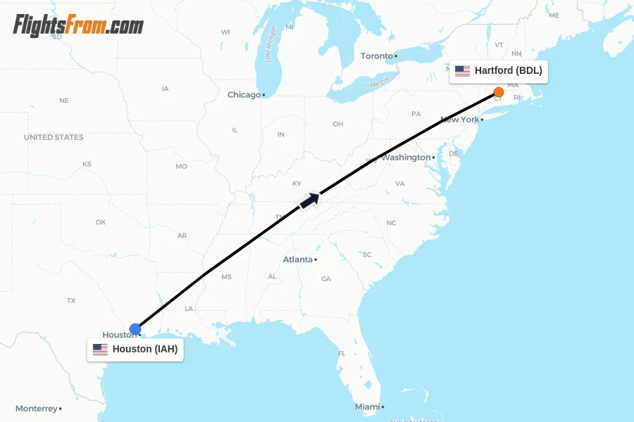 Flights from Houston to Hartford route map