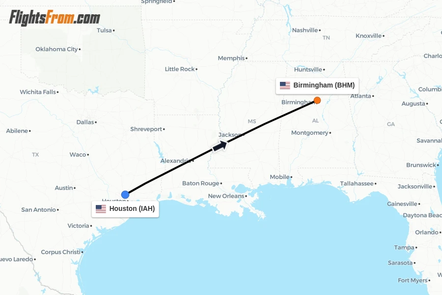 Flights from Houston to Birmingham route map