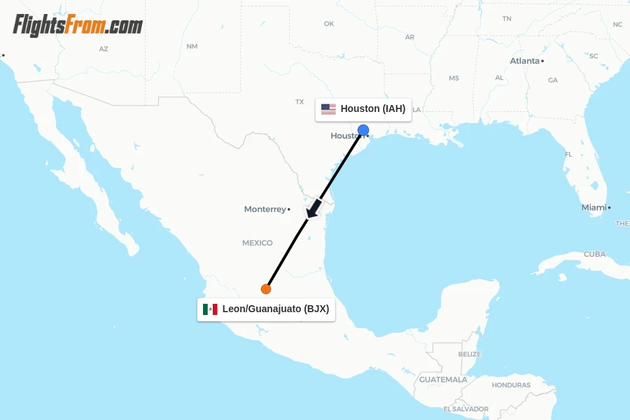Flights from Houston to Leon/Guanajuato route map