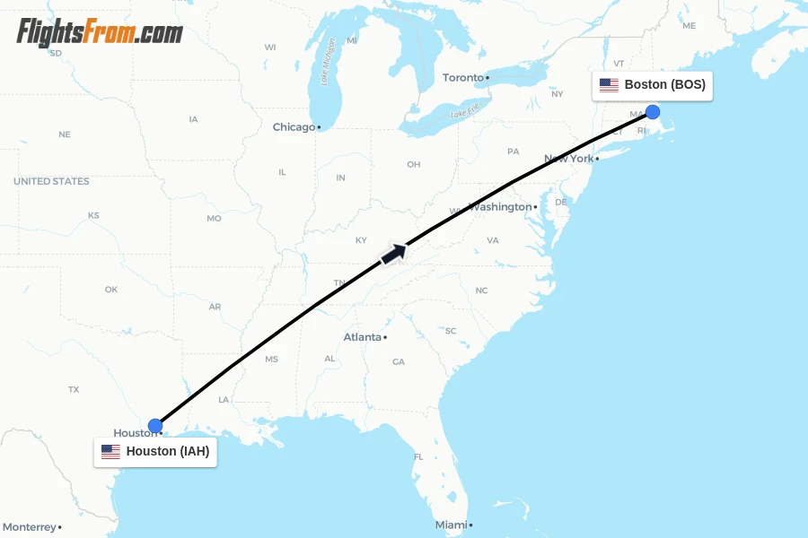 Flights from Houston to Boston route map