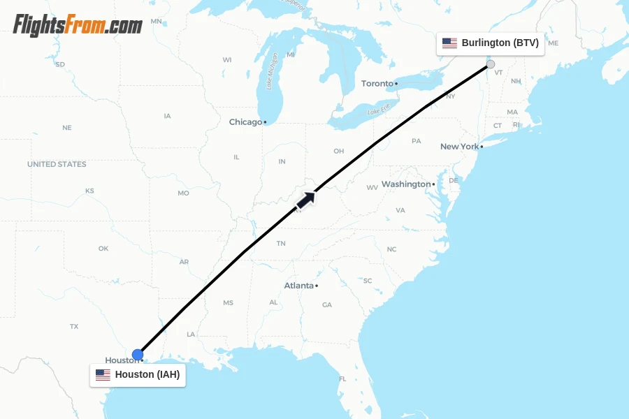 Flights from Houston to Burlington route map