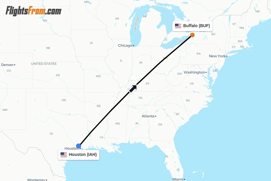 Flights from Houston to Buffalo route map