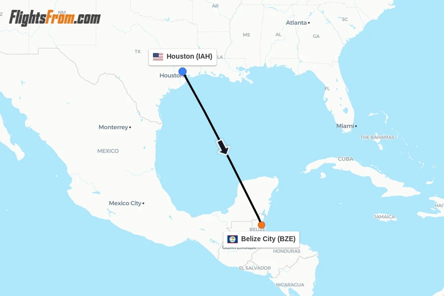 Flights from Houston to Belize City route map