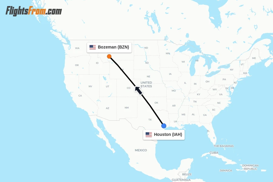 Flights from Houston to Bozeman route map