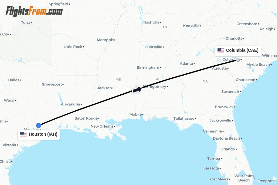 Flights from Houston to Columbia route map