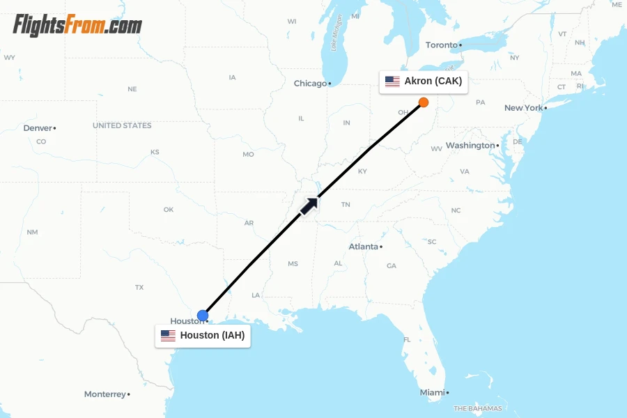 Flights from Houston to Akron route map
