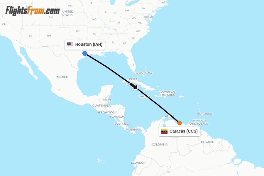 Flights from Houston to Caracas route map