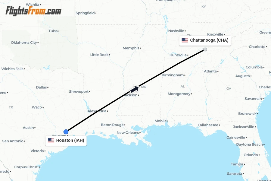 Flights from Houston to Chattanooga route map
