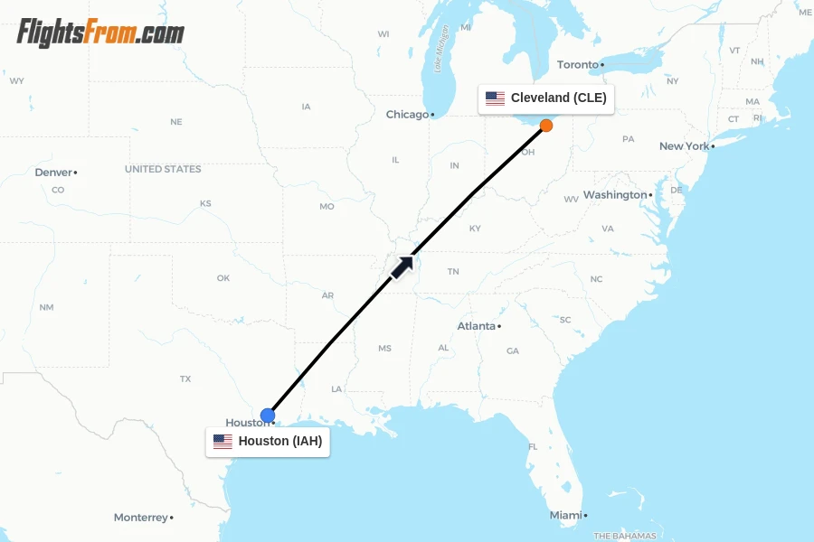 Flights from Houston to Cleveland route map