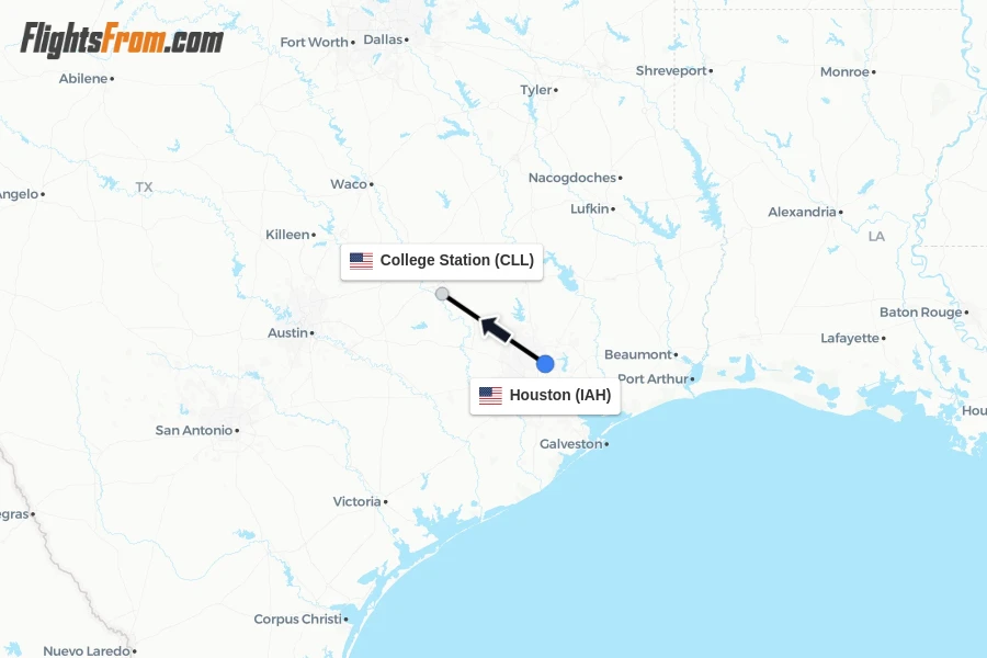 Flights from Houston to College Station route map