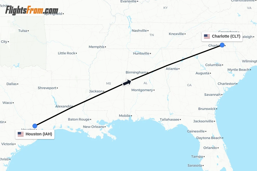 Flights from Houston to Charlotte route map
