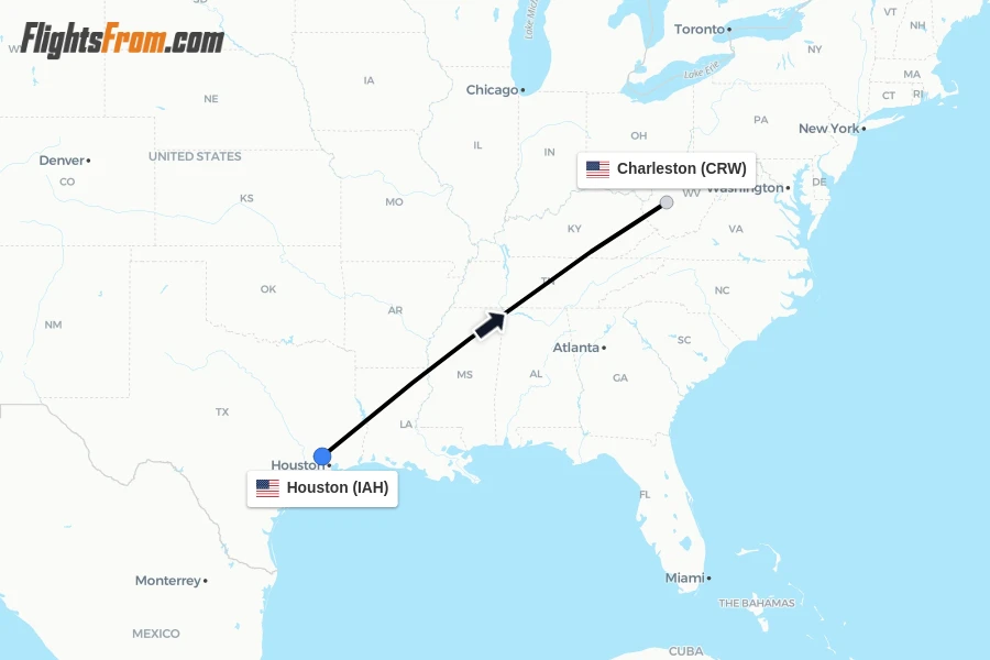 Flights from Houston to Charleston route map