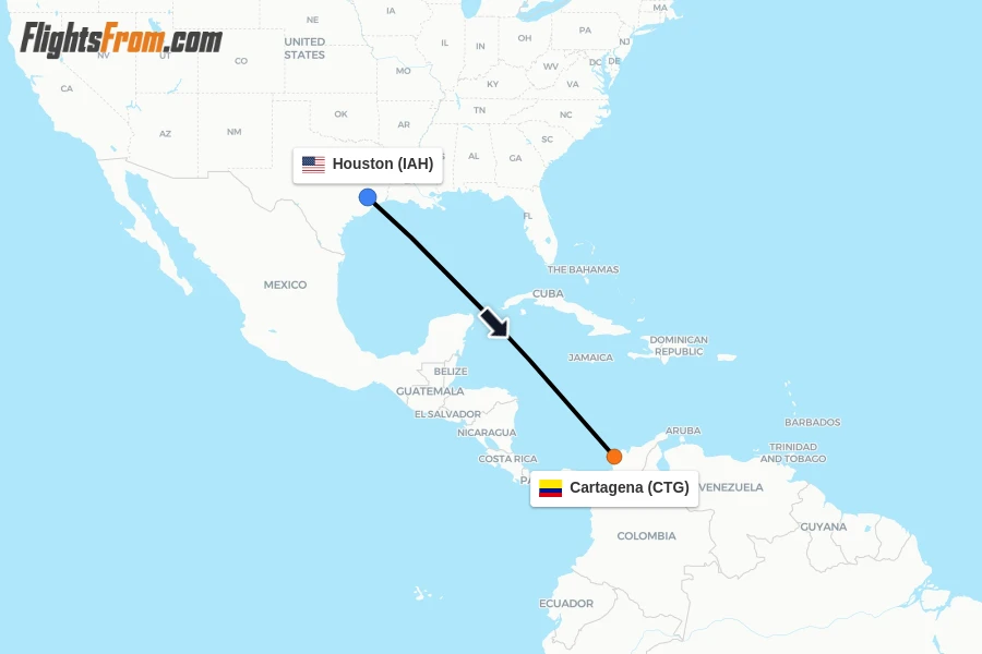 Flights from Houston to Cartagena route map