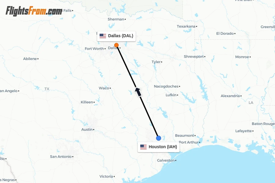 Flights from Houston to Dallas route map